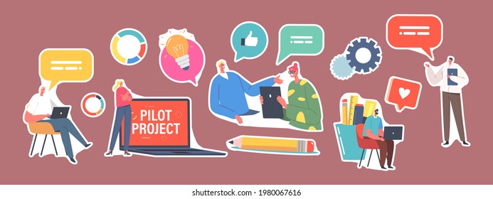 Set of Stickers Focus Group Meeting. Tiny Businesspeople at Huge Laptop Discuss Pilot Start Up Project and Solving Finance Issues. Colleagues Brainstorm, Conference. Cartoon People Vector Illustration