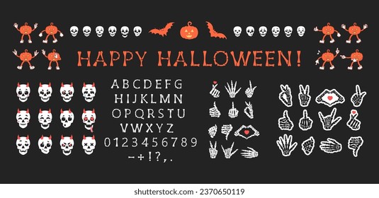 Conjunto de stickers, font, emoji, elementos de diseño para Halloween. Feliz fiesta de Halloween, tarjeta de saludo. Calavera, huesos de mano, calabaza de linternas. Conjunto de ilustraciones aisladas vectoriales.