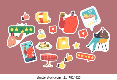 Set of Stickers Food Critics, Tasters Making Opinion on Food. Professional Writers or Bloggers Making Review and Ranking Restaurant Cuisine, Product Degustation. App. Isolated Cartoon Vector Patches