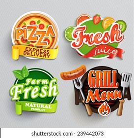 Set Of Stickers Of Food Farm Fresh,pizza, Fresh Juice And Grill. Vector.