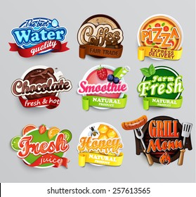 Set of stickers of food -  farm fresh,pizza, fresh juice and grill, water, chocolate, coffee, smoothie, honey . Vector. 