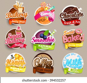 Set of stickers of food - farm fresh,pizza, fresh juice and grill, water, chocolate, coffee, smoothie, honey . Vector.