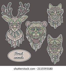 A set of stickers with forest animals: deer, bear, wolf, fox in ethnic style with abstract patterns