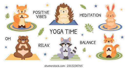 Set of stickers of forest animals engaged in yoga. Raccoon, fox, squirrel, bear, hedgehog, rabbit. Vector collection of meditating animals. Cute animals in cartoon style.Yoga time, balance, relaxation