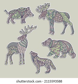 A set of stickers with forest animals: moose, deer, bear, wolf, wild boar in ethnic style with abstract patterns