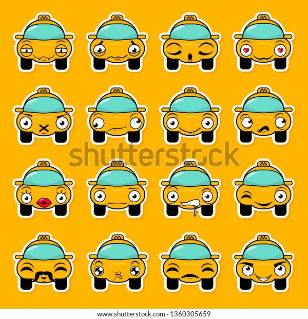 Set of stickers in the form of a\
cartoon taxi with different emotions. Funny Car Vector Design.\
Communication Chat Elements on the Transparent\
background.