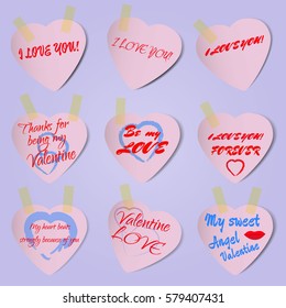 Set Stickers in form of heart. Hand drawn red hearts with rough texture for design in grunge style on Valentines Day. For teenager's diary, photo albums, scrapbooking, fridge magnets etc
