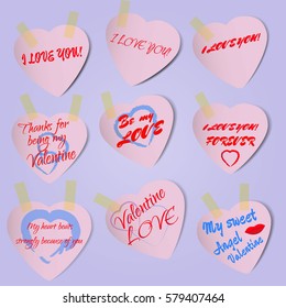 Set Stickers in form of heart. Hand drawn red hearts with rough texture for design in grunge style on Valentines Day. For teenager's diary, photo albums, scrapbooking, fridge magnets etc