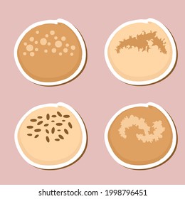 Set of stickers from four various delicious buns. Hand drawn vector illustration for decor and design.
