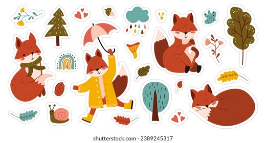 Set of stickers with foxes, trees, decorative elements. Hand drawn collection for scrapbooking. Children's illustration in cartoon style. Banner, poster, poster. White isolated background. 