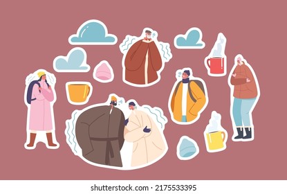 Set of Stickers Freezing People at Wintertime Season Freeze, Male and Female Characters Wear Warm Winter Clothes Suffering of Low Minus Degrees Temperature at Cold Weather. Cartoon Vector Patches