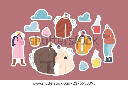 Set of Stickers Freezing People at Wintertime Season Freeze, Male and Female Characters Wear Warm Winter Clothes Suffering of Low Minus Degrees Temperature at Cold Weather. Cartoon Vector Patches