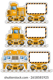 A set of stickers with freight trains. Side view. Isolated on a white background. Vector illustration.