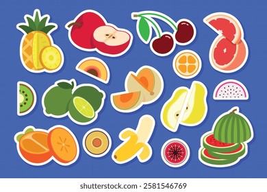 Set of stickers of fresh friuts, Pineapple, Apple, Cherry, Sweet lime, Persimmon, Banana, Pear, Watermelon, Cantaloupe, Grapefruit, simple flat vector illustration.