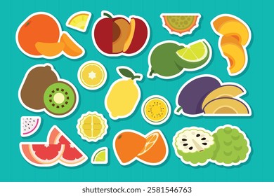 Set of stickers of fresh fruits, Mandarin, Red plum, Kiwi, Kumquat, Grapefruit, Sweet lime, Lemon, Annona, plum, Apricot, simple flat vector illustration.