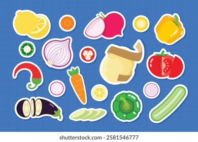 Set of stickers of fresh vegetables, Lemon, Radish, Potatoes, Onion, Carrot, Eggplant, Hot pepper, Tomato, Cucumber, zucchini, simple flat vector illustration.