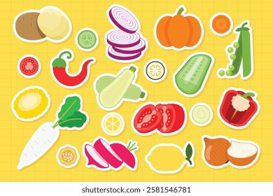 Set of stickers of fresh vegetables, Potatoes, Hot pepper, Red Onion, zucchini, Pumpkin, Cucumber, Tomato, peas, Radish, Daikon, simple flat vector illustration.