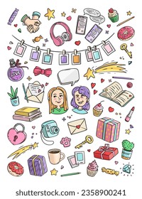 Set of stickers Friends and Friendship. Girls Design Elements. Vector colored Illustration