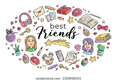 Set of stickers Friends and Friendship. Girls Design Elements. Vector oval horizontal Illustration