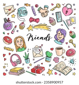 Set of stickers Friends and Friendship. Girls Design Elements. Vector square Illustration