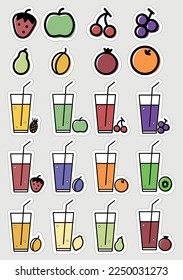 A set of stickers with fruit and glasses with fruit juice.