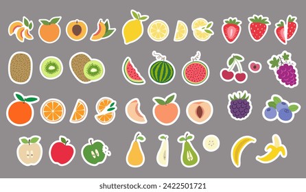 Ponga las bayas de fruta pegatinas en un diseño plano. Paquete de ilustraciones de frutas y bayas. Moda simple.