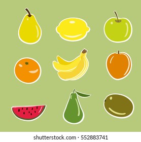 Set of stickers Fruits of  pear, lemon, apple, orange, banana, peach, watermelon, avocado, kiwi.  Fresh fruits icons isolated. Vector illustration.