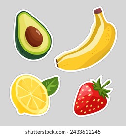 Set of stickers, stickers "Fruits - strawberry, banana, lemon, avocado". Vector illustration