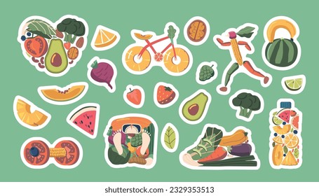 Set Of Stickers Fruits And Vegetables In Shape Of Shoe, Heart, Bicycle, Sportsman, Dumbbell, Scales And Water Bottle