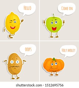 Set of stickers fruits and vegetables. Vector characters with different emotions and poses. Cute heroes in cartoon style.