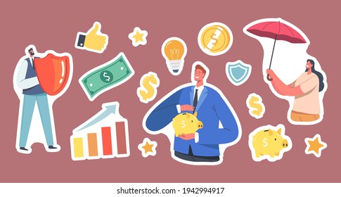 Set of Stickers Fund Safety Theme, Businesspeople Characters with Umbrella, Piggy Bank and Shield. Light Bulb, Dollar Bill and Growing Column Chart. Cartoon People Vector Illustration, Icons, Patches