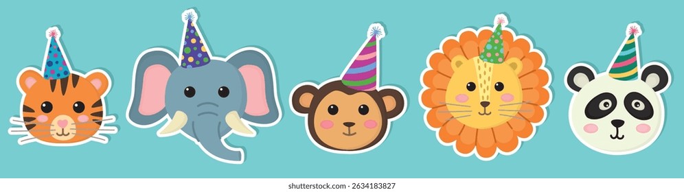 Conjunto de adesivos com rostos de animais engraçados. Elefante bonito, leão, panda, macaco e tigre com chapéus de festa