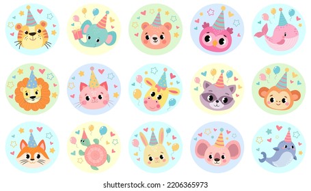 conjunto de stickers con animales graciosos. pegatinas para el cumpleaños de los niños. emblema para el diseño del vivero