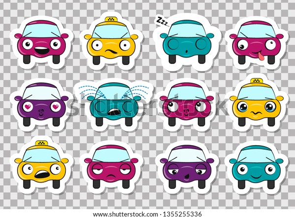 Set of stickers with funny cartoon\
cars on a transparent background. Vector\
illustration