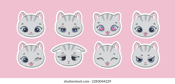 Set of stickers of funny cartoon gray cats. Vector illustration.