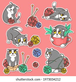 Set of stickers with a funny cat and balls of wool for knitting. The cat plays, rests, and gets tangled in the threads. Colorful vector illustration.