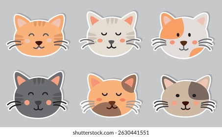 Set of stickers with funny cat faces. Collection with cute kitten heads isolated on gray background