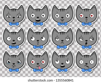 Set of stickers with funny cats with blue bow ties on transparent background. Vector illustration in cartoon style