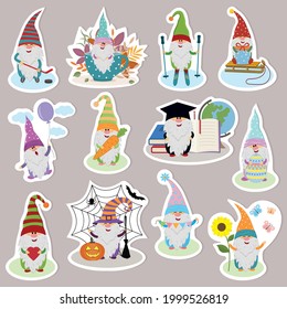 set of stickers with funny cute dwarves, vector illustration, cartoon style