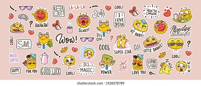 Set Of Stickers With Funny Faces. Funny Cookies In A Cartoon Style With Different Emotions. Cute Heroes And Funny Lettering.