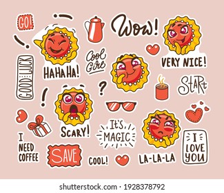 set of stickers with funny faces. funny cookies in a cartoon style with different emotions. cute heroes and funny lettering.