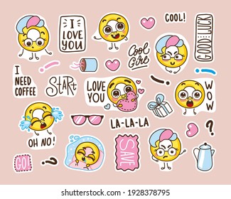 set of stickers with funny faces. funny cookies in a cartoon style with different emotions. cute heroes and funny lettering.