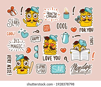 set of stickers with funny faces. funny cookies in a cartoon style with different emotions. cute heroes and funny lettering.