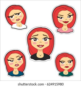 Set of stickers. Funny girl with red hair