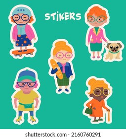 Set of stickers with funny grandmothers. Vector illustration.