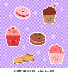 Set of stickers with funny pastries. Cupcakes, pie, macaroons. Cartoon style. Colored background with squares. For diaries and planners, scrapbooking. Vector illustration