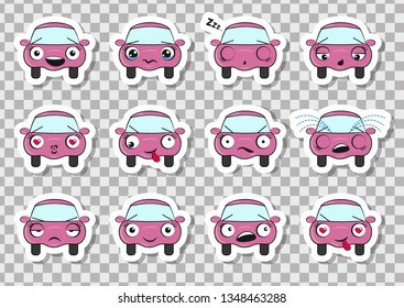 Set of stickers with funny pink cars on a transparent background. Vector illustration in cartoon style