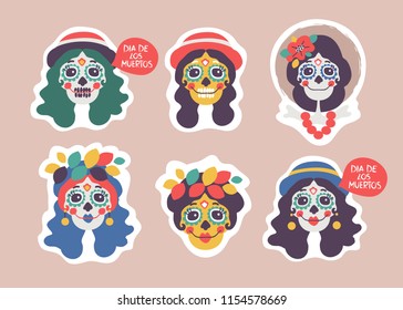 Set of stickers with funny skulls. Skull girls. Mexican day of dead. Vector cartoon illustration. Isolated.