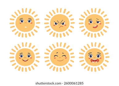 Set of stickers with funny sun character with different emotions, flat cartoon design for game, school, kindergarten, kids party. Vector illustration isolated on white background.