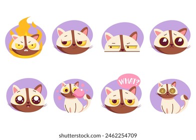 Conjunto de pegatinas Funny Sweet-tooth gato en diseño plano de dibujos animados. Un adorable gato lindo que muestra diferentes emociones se presenta en esta ilustración sobre un fondo claro. Ilustración vectorial.